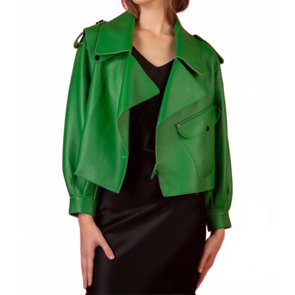 NEW JESSIE LIU leather oversized moto jacket in green